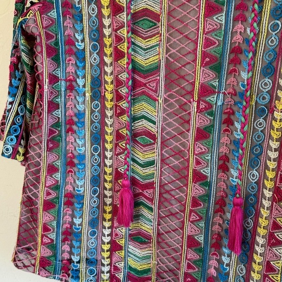 Ali Miles Colorful Woven Boho Flared Sleeves V-Neck with Tassels Blouse Sz MP - Picture 5 of 11